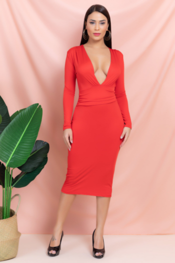 autumn new solid color stretch long-sleeve deep v sexy elegant bodycon dress