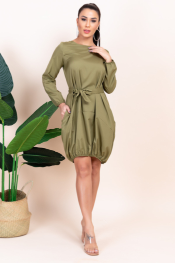 autumn new solid color inelastic pocket loose elegant casual dress with belt