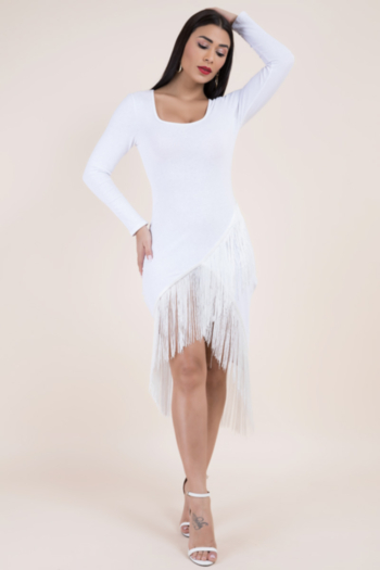 new plus size solid color stretch low-cut long-sleeve tassel elegant dress