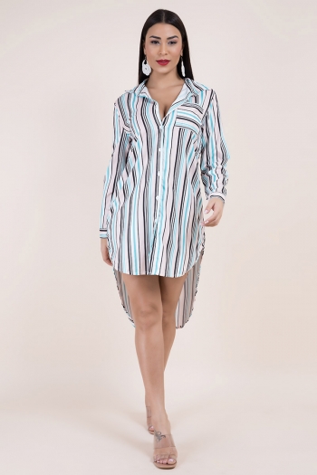 new plus size two colors stripe print inelastic pocket irregular stylish shirtdress