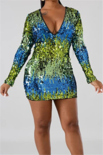 autumn new plus size sequins decorated stretch v-neck back zip-up sexy dress