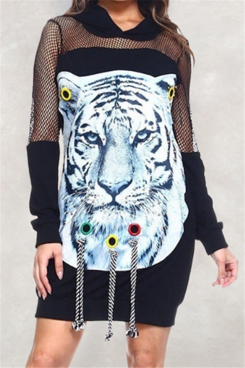 autumn new tiger posters hooded see through grid spliced stylish dress