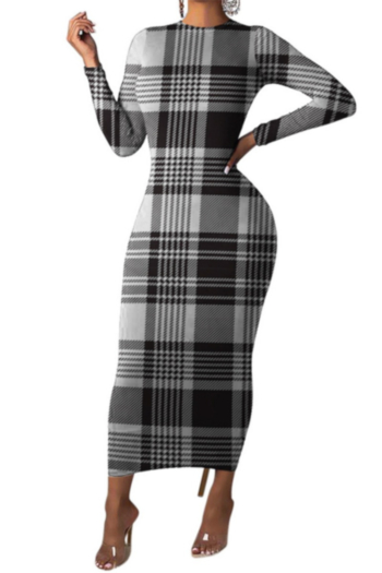autumn new plus size black & white lattice print stretch stylish dress