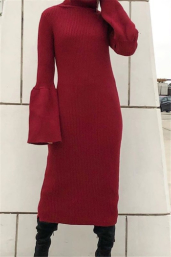 autumn winter new plus size solid color stretch high-neck bell-sleeve stylish dress