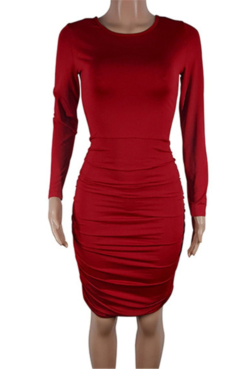 Autumn new solid color stretch bandage pleated backless sexy dress