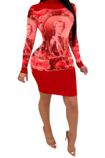 Autumn new plus size digital print stretch stylish elegant fit dress