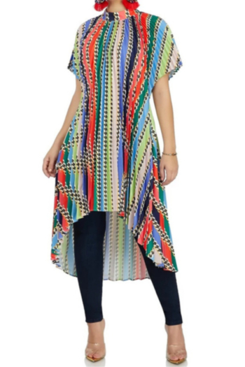 autumn new plus size stripe & chains print pleated stylish casual dress