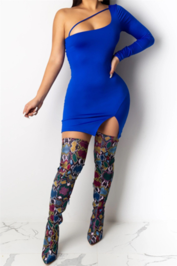 solid color stretch one-shoulder hollow slit sexy bodycon dress