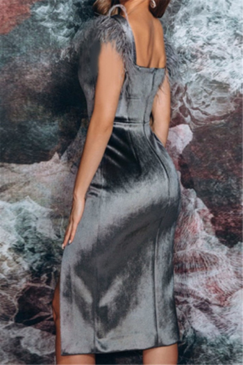 Solid color micro-elastic tassel sling low-cut back zip-up high slit elegant stylish dress