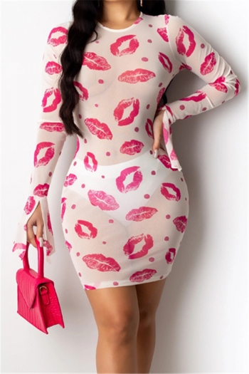 plus size two colors lips print stretch see through mesh sexy dress (without lining)
