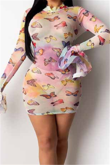 plus size butterflies print stretch see through mesh bell-sleeve sexy dress