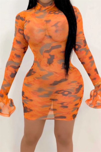 plus size orange camo print stretch see through mesh bell-sleeve sexy dress