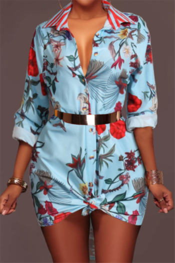 plus size floral print inelastic stylish shirtdress (without belt)