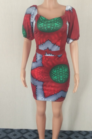 Sexy Off-Shoulder Printing Puff Sleeve Slim-Fit Bag Hip Mini Elegant  Dress 