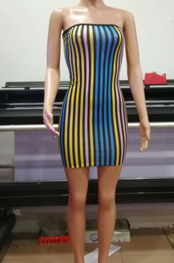 Summer Sexy Fashion Striped Printed Strapless Off-Shoulder Bag Hip Dress