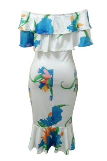 Sexy Off-Shoulder Printed Flower Ruffled Design Multicolor Dress