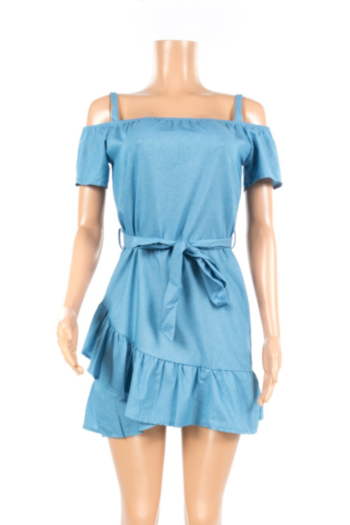 Sexy Denim Sling Ruffled Irregular Off-Shoulder Solid Color Mini Dress