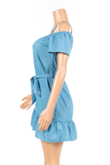 Sexy Denim Sling Ruffled Irregular Off-Shoulder Solid Color Mini Dress