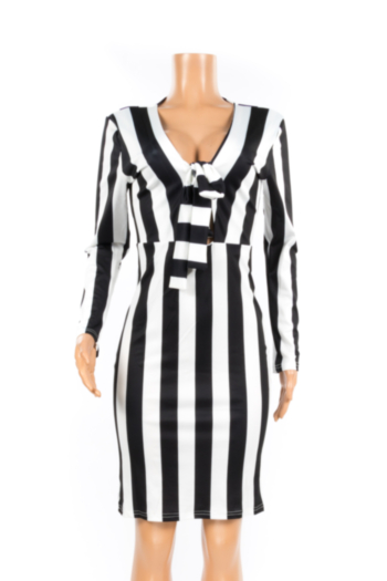 Black&White Stripe Long Sleeve Deep V Hollow Sexy Midi Dress