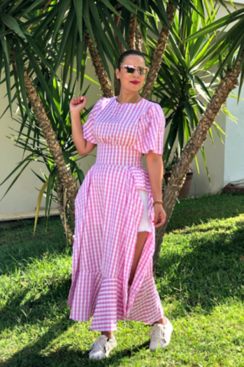 Pink Lattice High Waist Ruffle Split Maxi Dress
