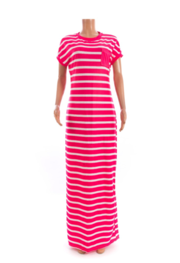 Plus size 3 colors round neck stripe casual stripe maxi dress