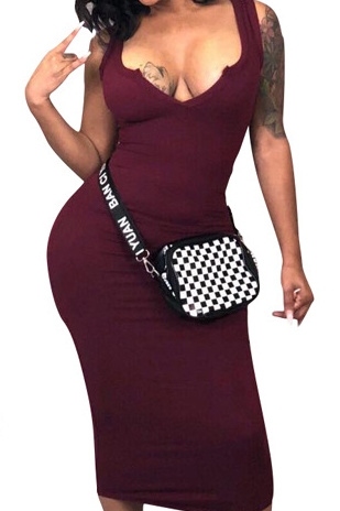 Deep V Solid Color Sexy Red Wine Dress