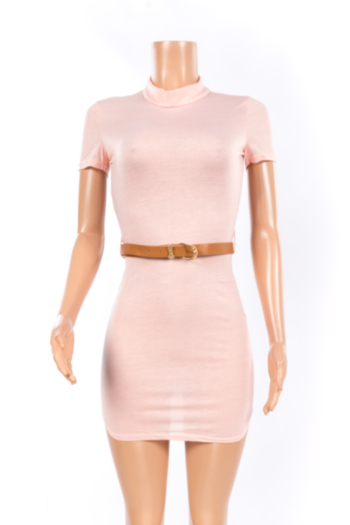 Stand Collar Short-sleeved High-waist Dress With Belt