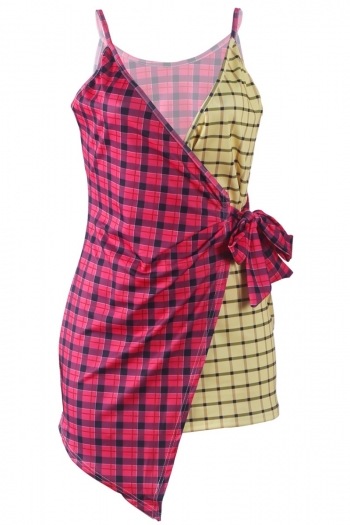 Two-Color Plaid Printed Straps Cross Strap Dress