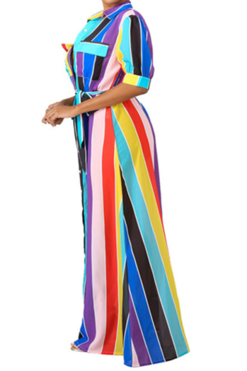 Multicolor Stripe Plus Size Belted Maxi Dress