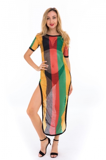 new sexy perspective mesh multicolor streak high split dress