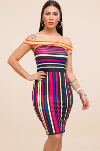 New stylish stretch multicolor streak strapless shoulder slim dress