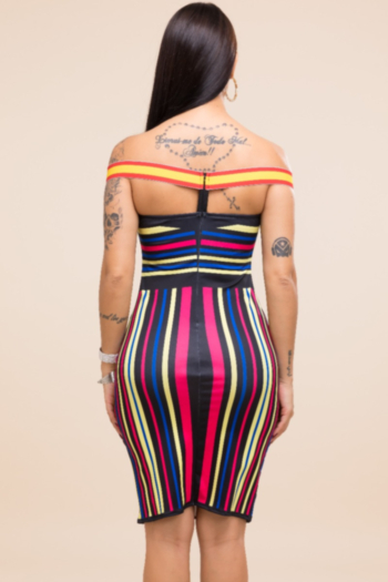 New stylish stretch multicolor streak strapless shoulder slim dress