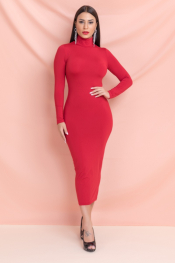 new high collar long sleeve solid color slim stretch dress