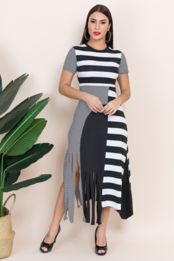 new stylish splice stripe tassel irregular stretch dress
