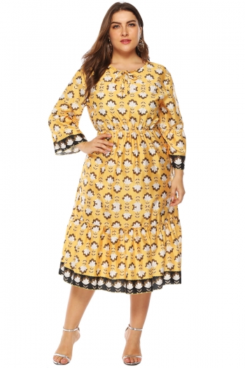 autumn new stylish plus size batch printed laced flared sleeve dress