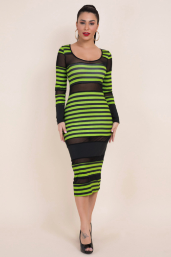 four colors new stylish mesh splice striped stretch tight dress