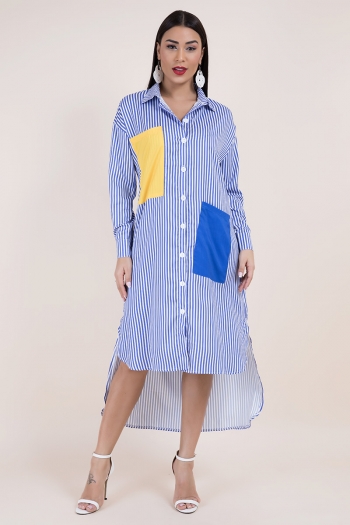 plus size three colors new stylish pockets striped button loose irregular micro-elastic shirt dress