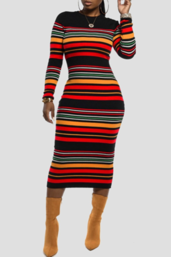 autumn new stylish multicolor striped printing slim fit stretch dress