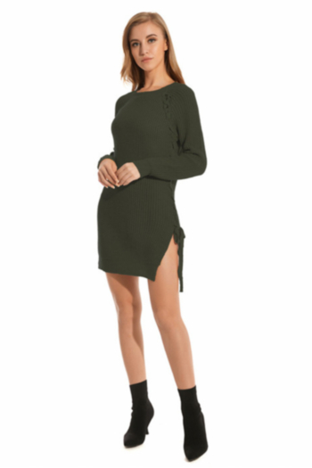 autumn new stylish three colors laced bow micro-elastic loose slit sweater dress