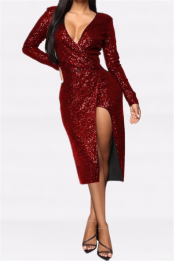 plus size new stylish solid color sequin side zip-up stretch deep v-neck midi dress (with lining)