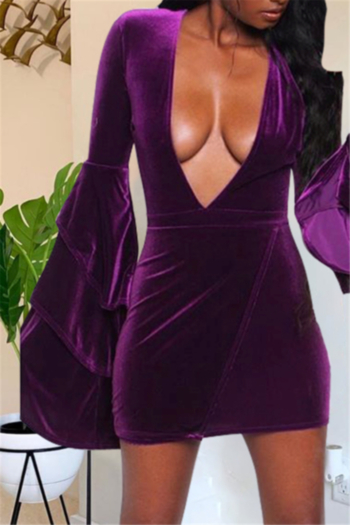 plus size new solid color deep v-neck cascading flare sleeve stretch mini dress
