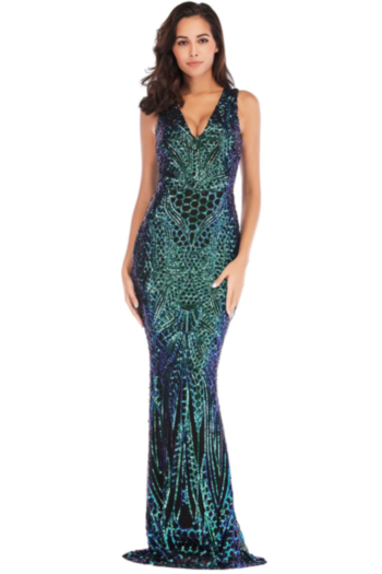new stylish solid color sequin embroidered deep v-neck slim gown