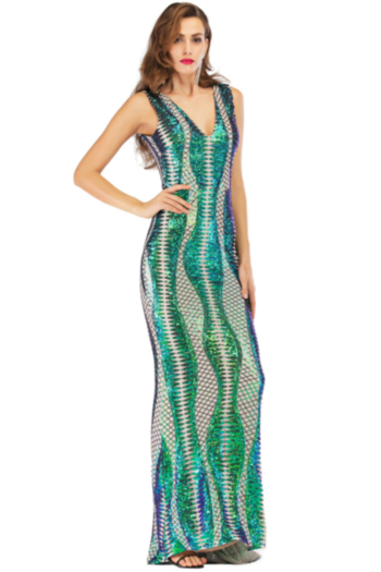 new fashion solid color sequin deep v-neck sleeveless fit slim gown