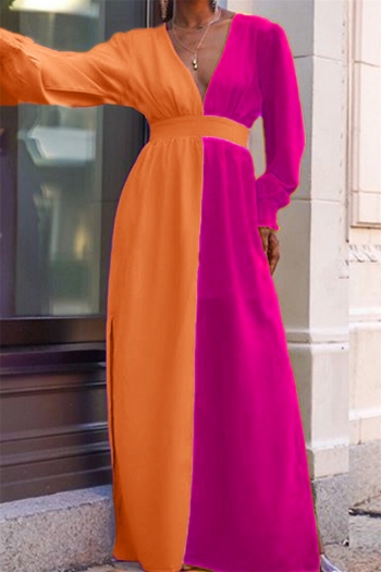 plus size new stylish contrast color deep v-neck split loose dress