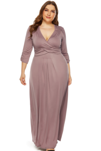 plus size new four colors stylish solid color elastic waist deep v-neck stretch dress
