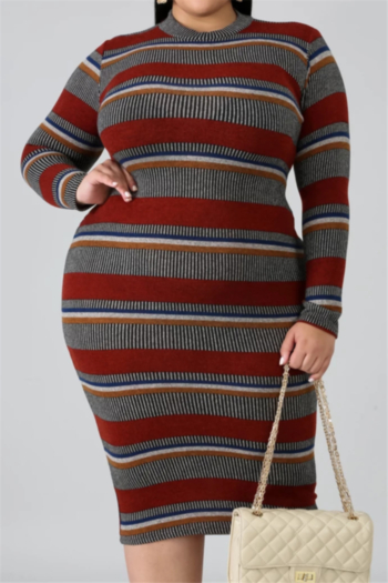 plus size stretch zip-up new stylish multicolor stripe digital batch printing fit dress