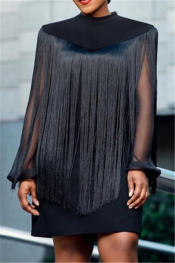 Plus size new solid color winter stylish see through tassel shawl chiffon dress(two-piece set)
