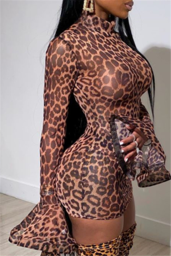 Plus size new stylish leopard batch printing mesh see through flare sleeve mini dress