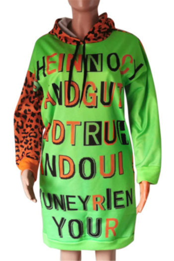 Winter new stylish spliced leopard batch printing and letter printing hooded loose dress