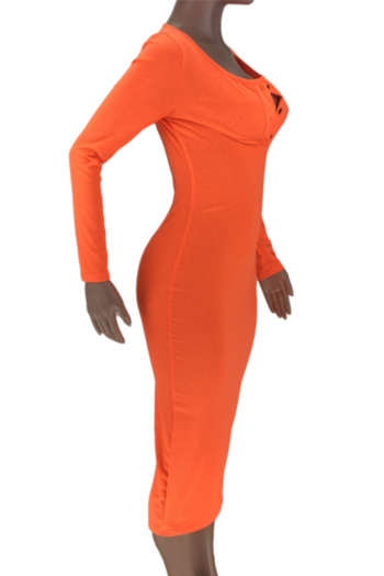 Plus size new stylish solid color button stretch fit slim winter split midi dress